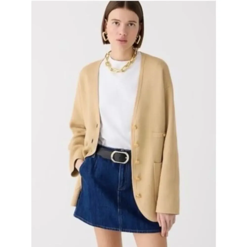 J. Crew Tan Cotton Long V-Neck XL Sweater Blazer Gold Buttons Oversize NWT Luxe